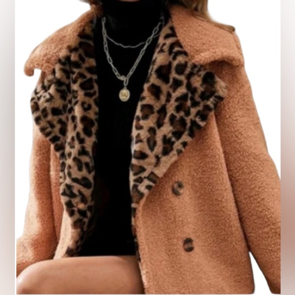 Shein Tan/Leopard Print Double Button Teddy Coat.… - image 5